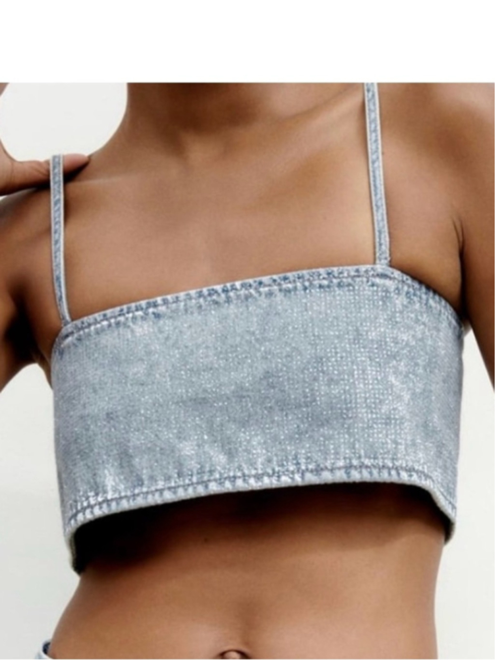 Zara NWT Rhinestone Denim Crop Top Light Wash Spaghetti Strap Bralette XS S